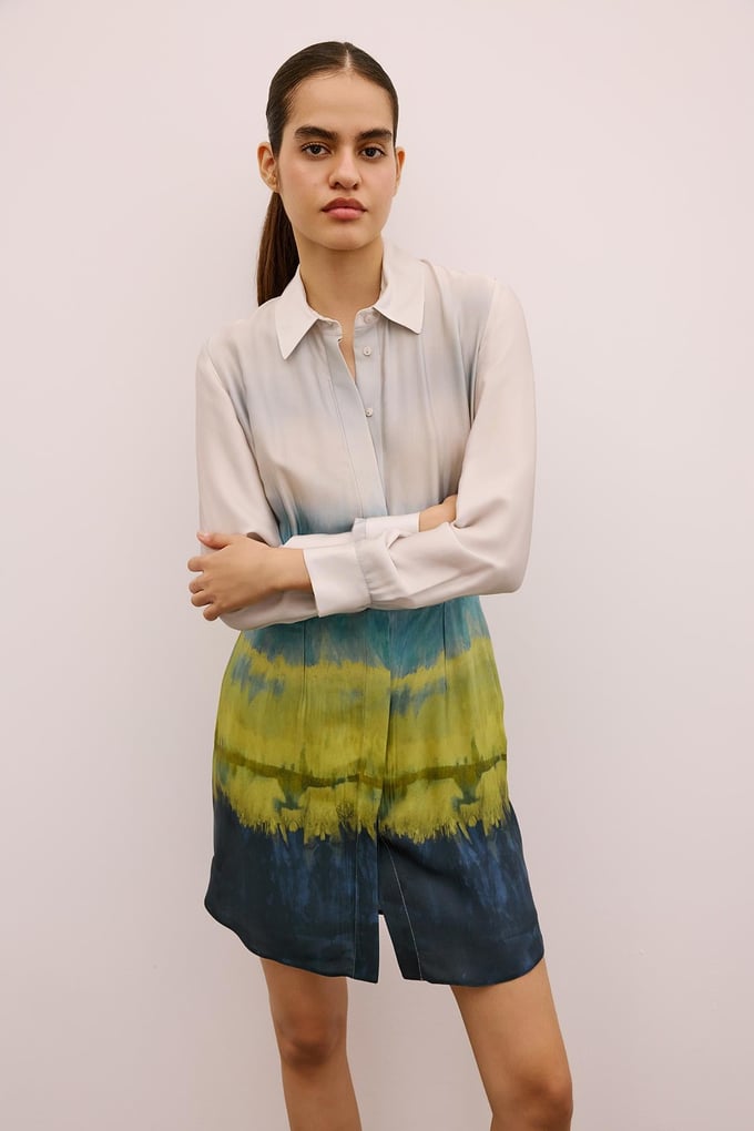 Ombre Patterned Mini Shirt Dress in Green