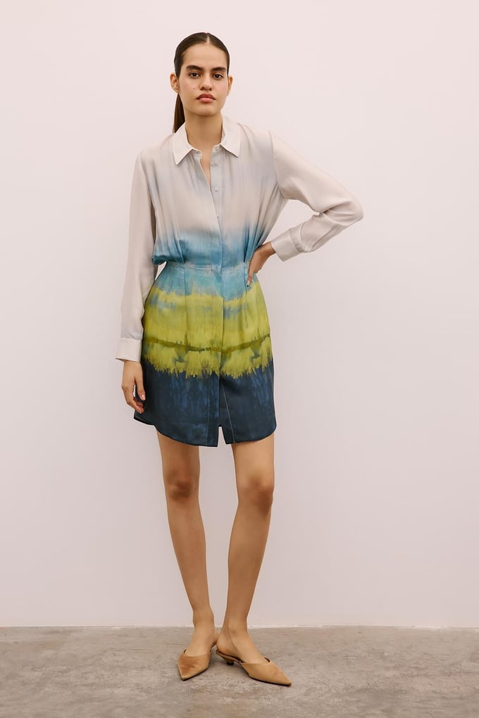 Ombre Patterned Mini Shirt Dress in Green