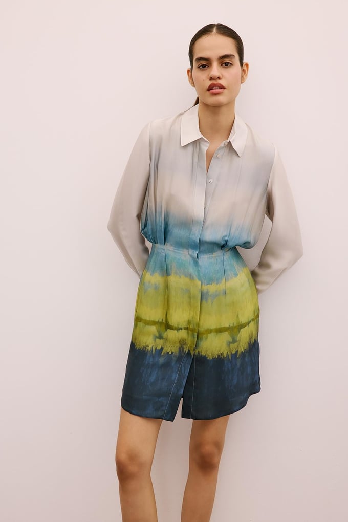Ombre Patterned Mini Shirt Dress in Green