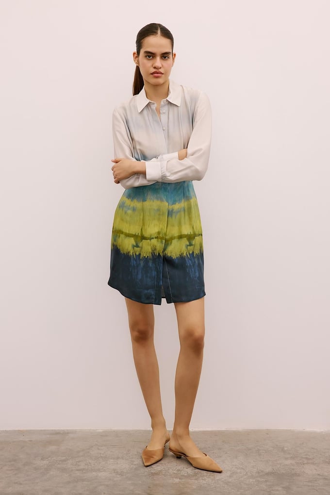 Ombre Patterned Mini Shirt Dress in Green