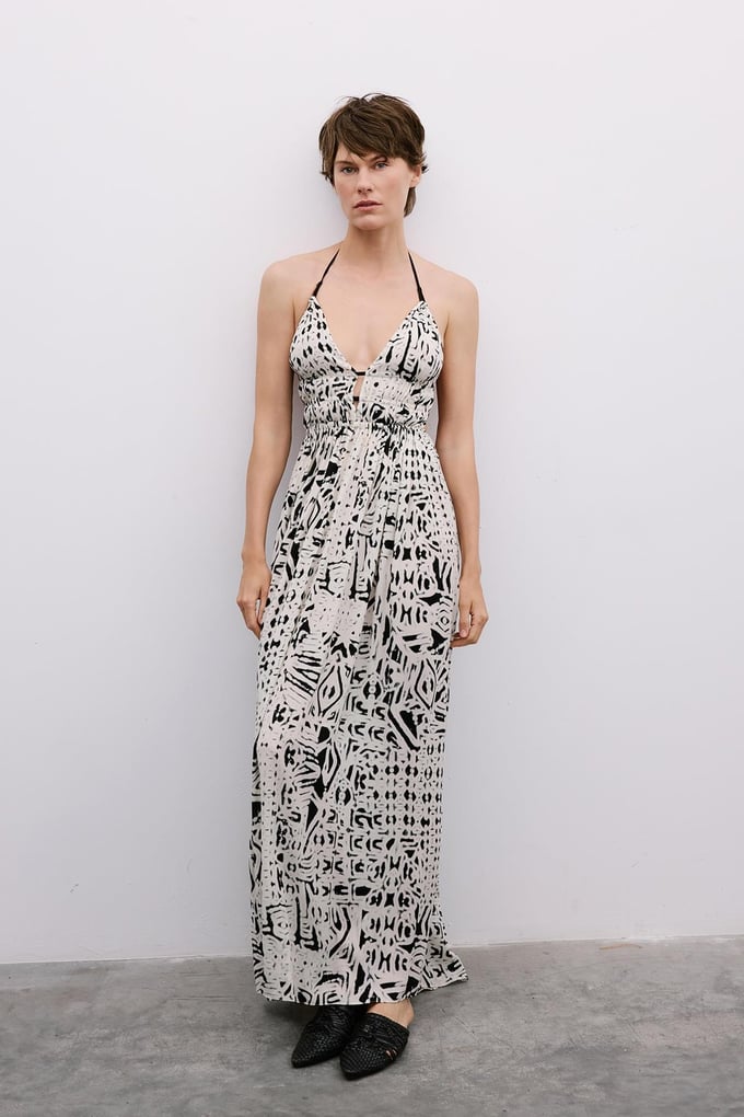 Cut-Out Patterned Black Midi Dress