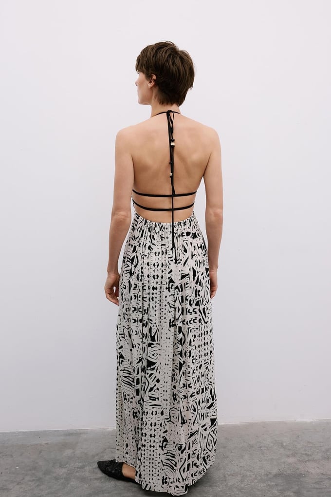 Cut-Out Patterned Black Midi Dress
