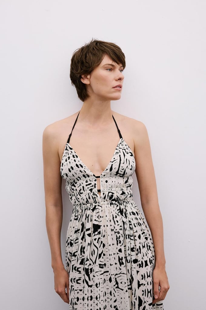 Cut-Out Patterned Black Midi Dress