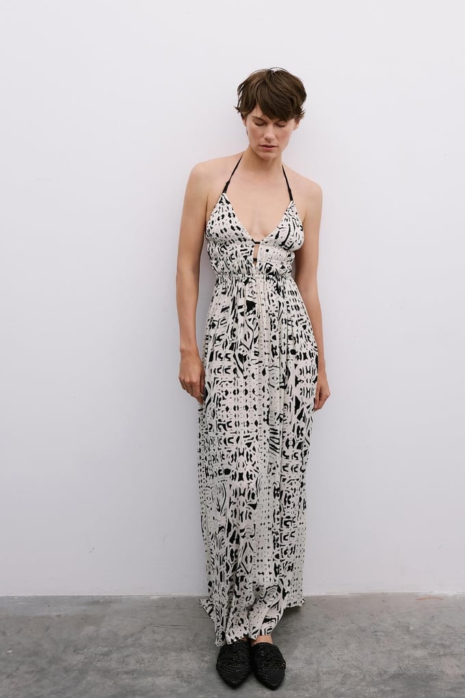 Cut-Out Patterned Black Midi Dress