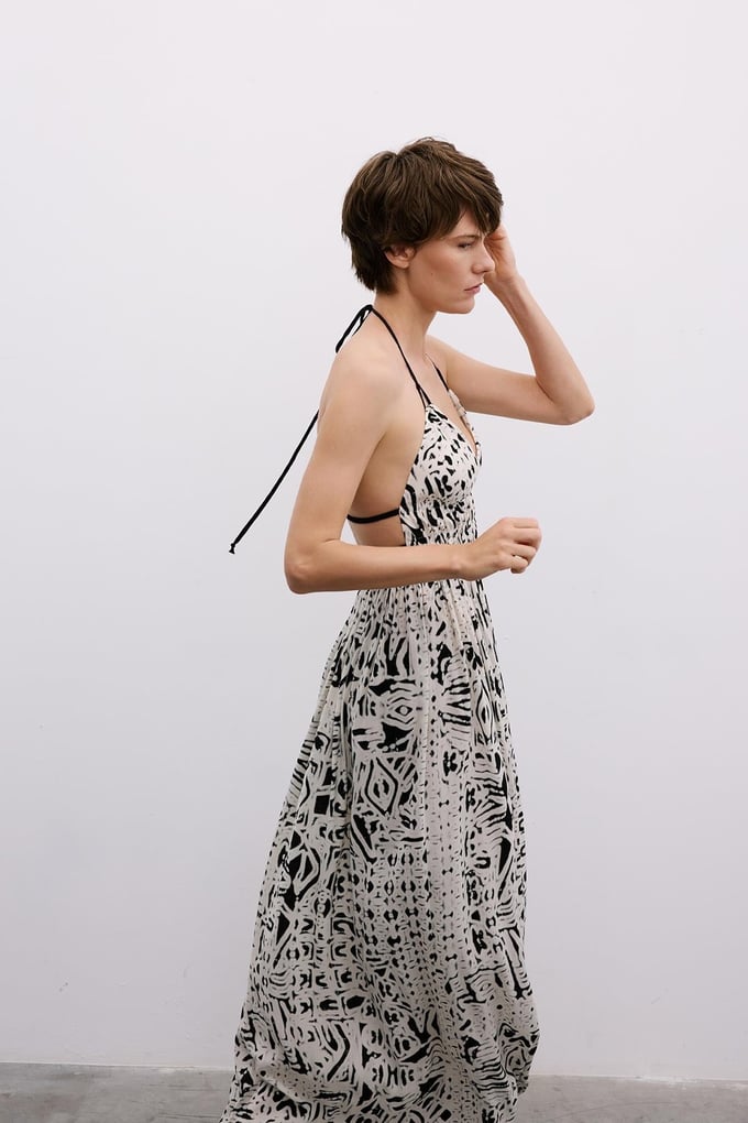 Cut-Out Patterned Black Midi Dress