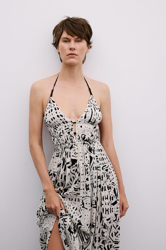 Cut-Out Patterned Black Midi Dress