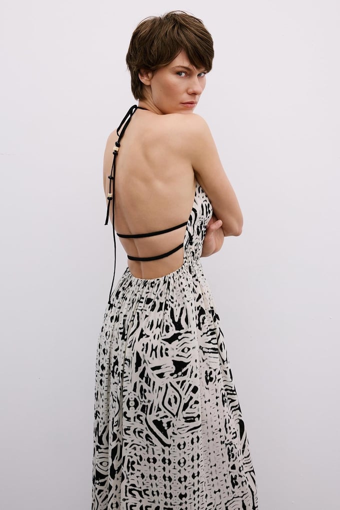 Cut-Out Patterned Black Midi Dress