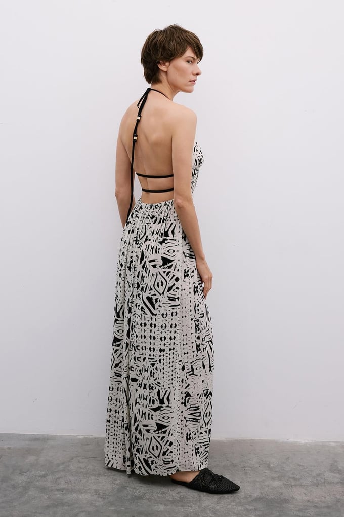 Cut-Out Patterned Black Midi Dress