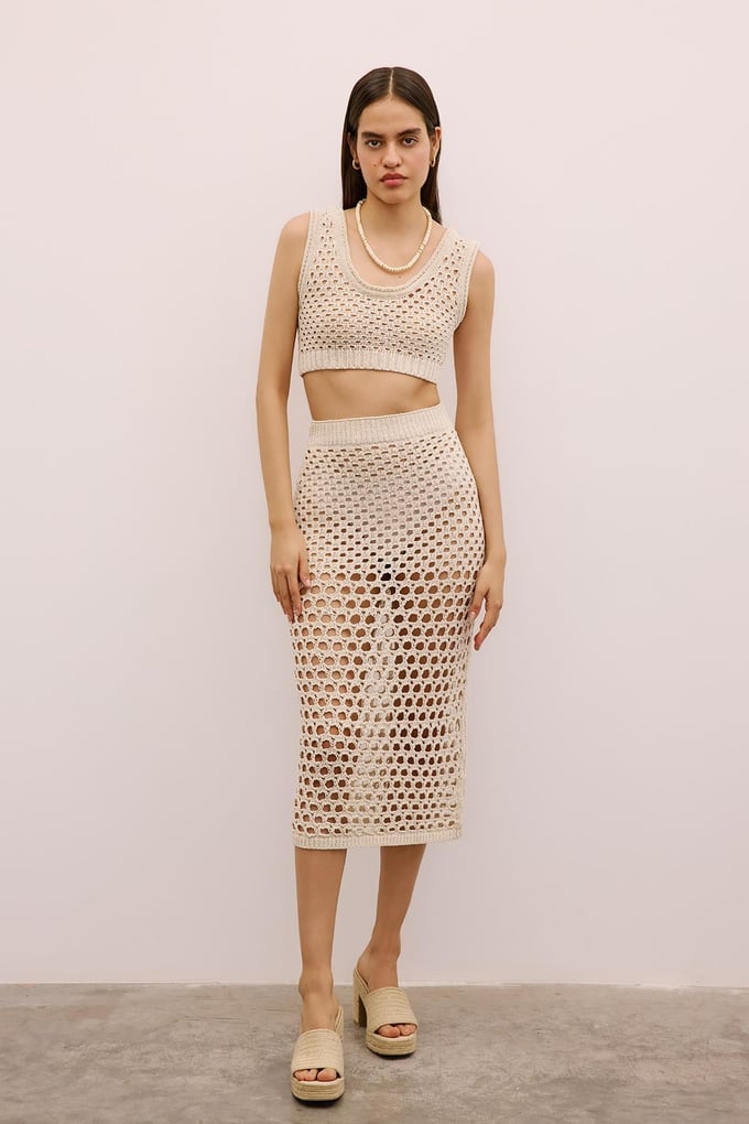 Open-Knit Ribbed Cream Midi Skirt