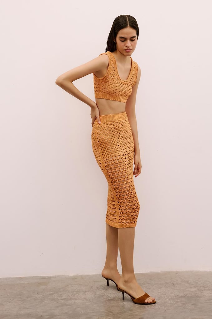 Open-Knit Ribbed Orange Midi Skirt