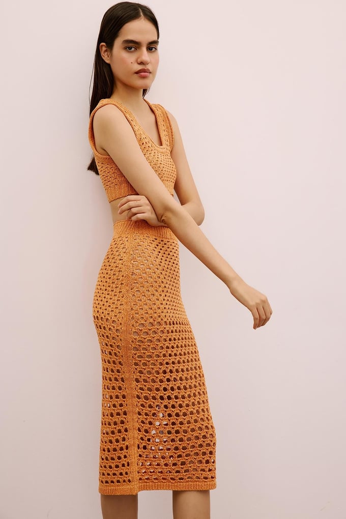 Open-Knit Ribbed Orange Midi Skirt