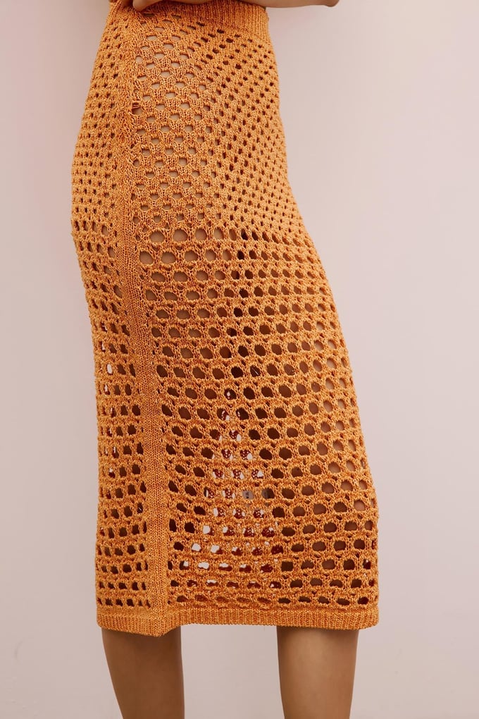 Open-Knit Ribbed Orange Midi Skirt