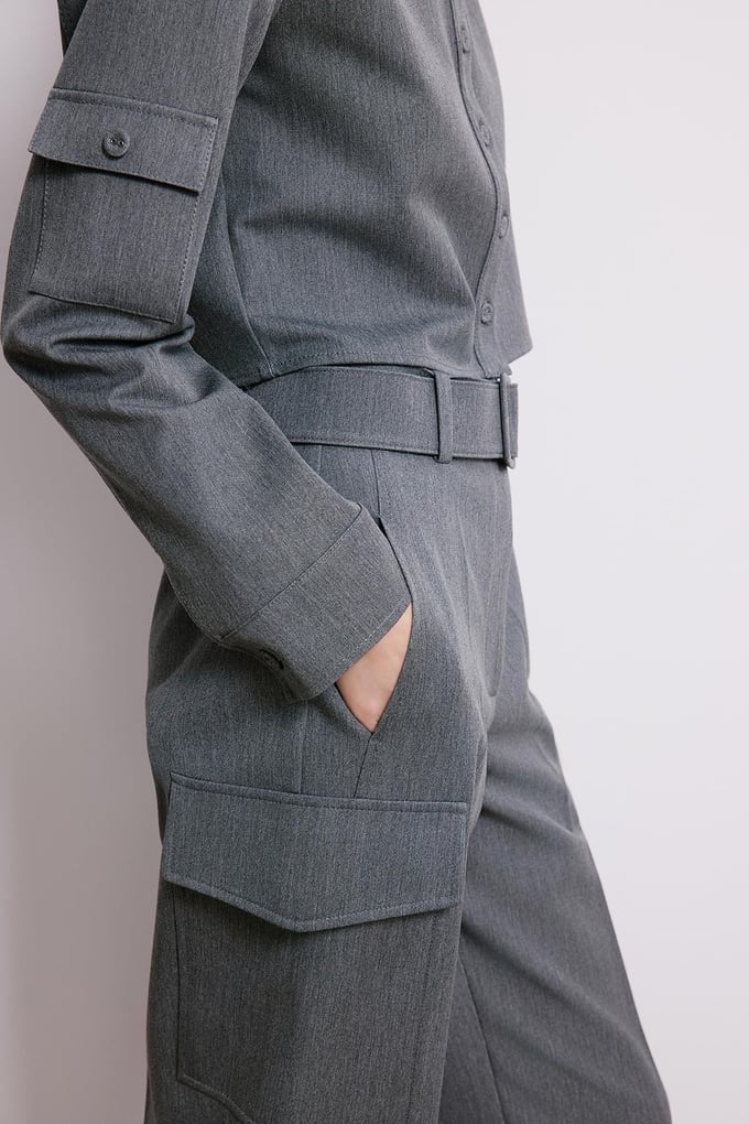 Denim Dokulu Gri Kargo Pantolon