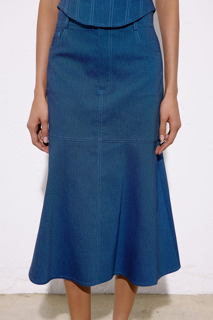 Denim Dokulu Midi Mavi Etek