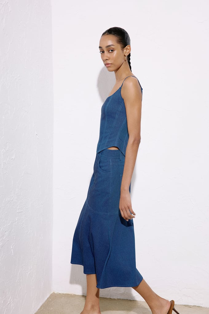 Denim Dokulu Midi Mavi Etek