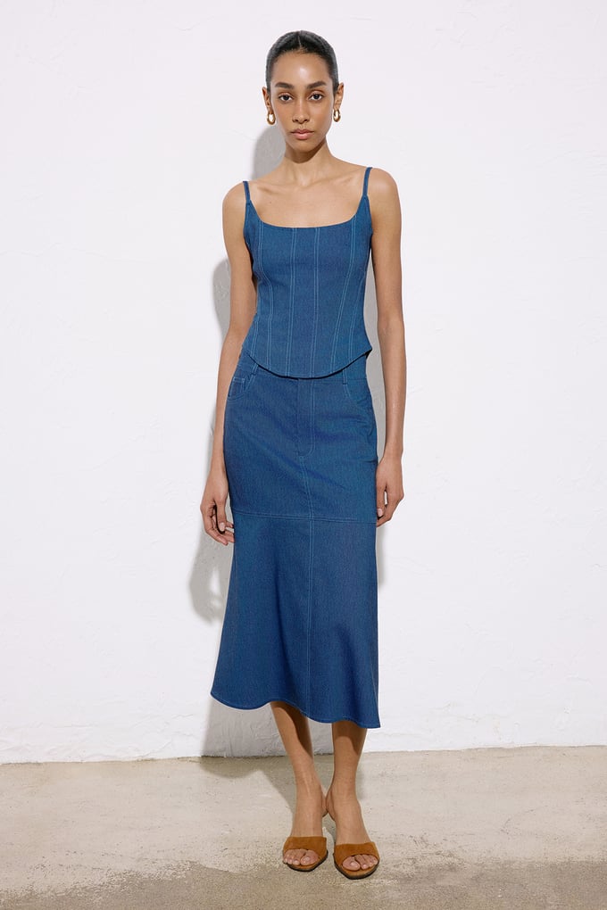 Denim Dokulu Midi Mavi Etek