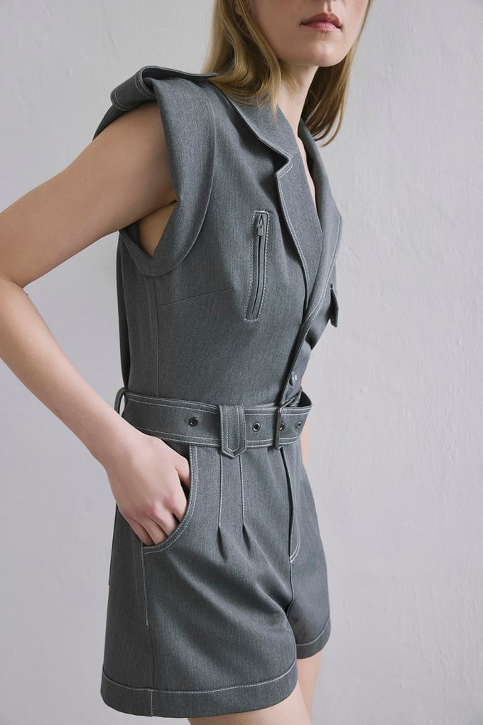 Denim Kontras Kemerli Gri Tulum