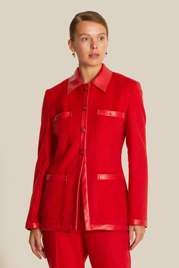 Leather Trim Detailed Wool Red Jacket