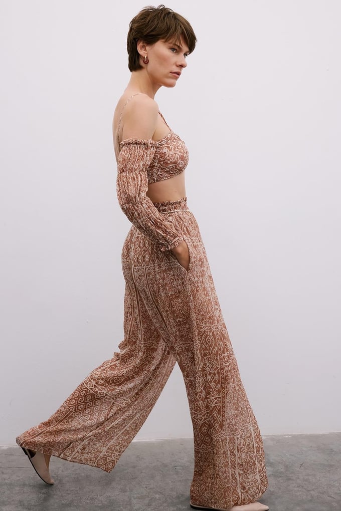 Patterned Wide-Leg Camel Trousers