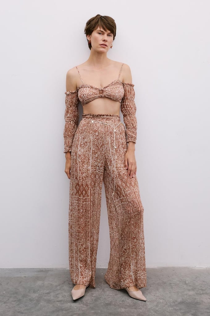 Patterned Wide-Leg Camel Trousers