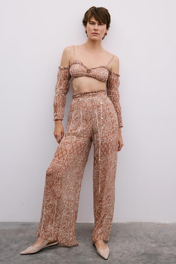 Patterned Wide-Leg Camel Trousers