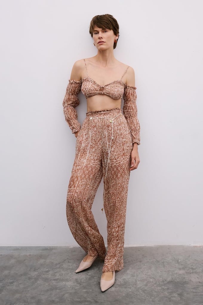 Patterned Wide-Leg Camel Trousers