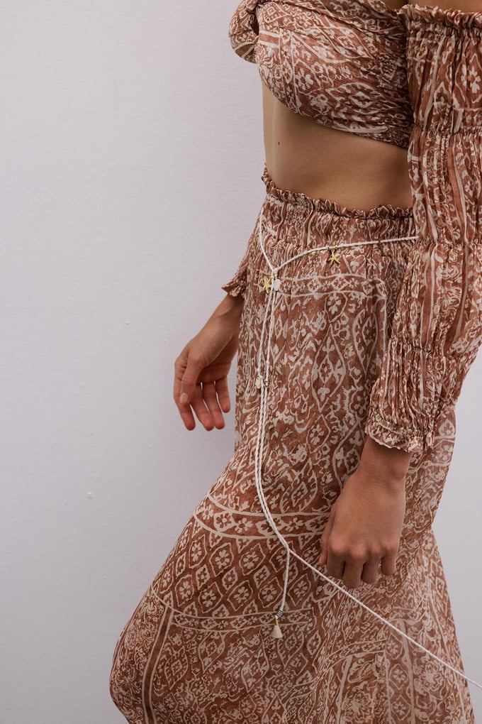 Patterned Wide-Leg Camel Trousers