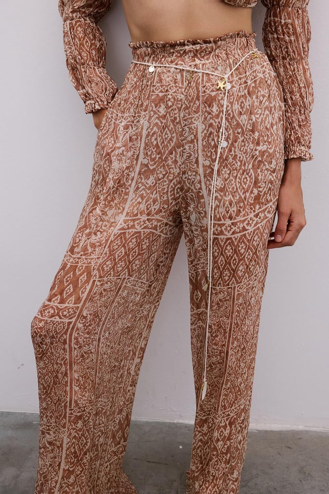 Patterned Wide-Leg Camel Trousers