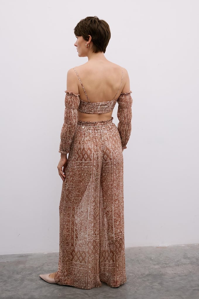 Patterned Wide-Leg Camel Trousers