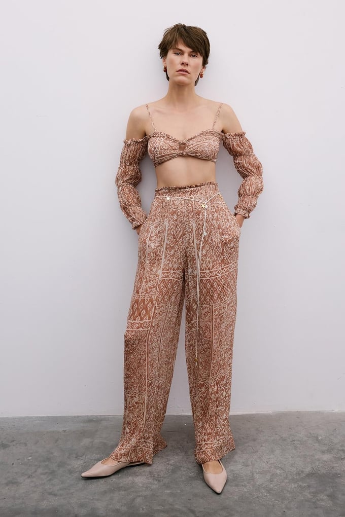 Patterned Wide-Leg Camel Trousers