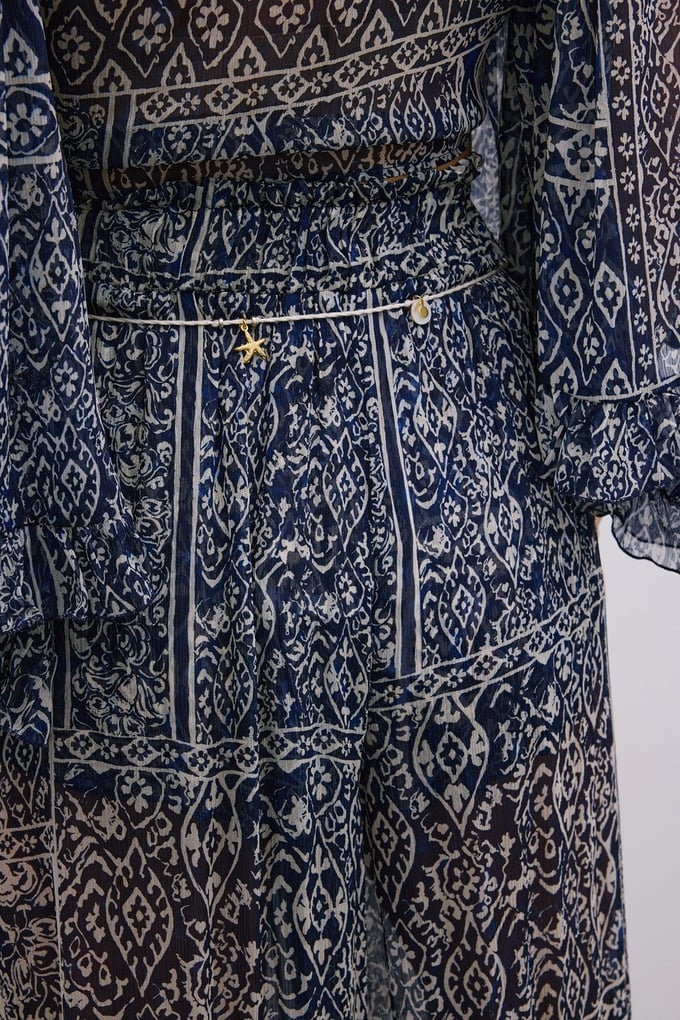 Desenli Bol Paça Lacivert Pantolon
