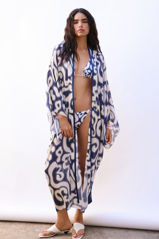 Patterned Wide Sleeved Midi Navy Blue Kimono