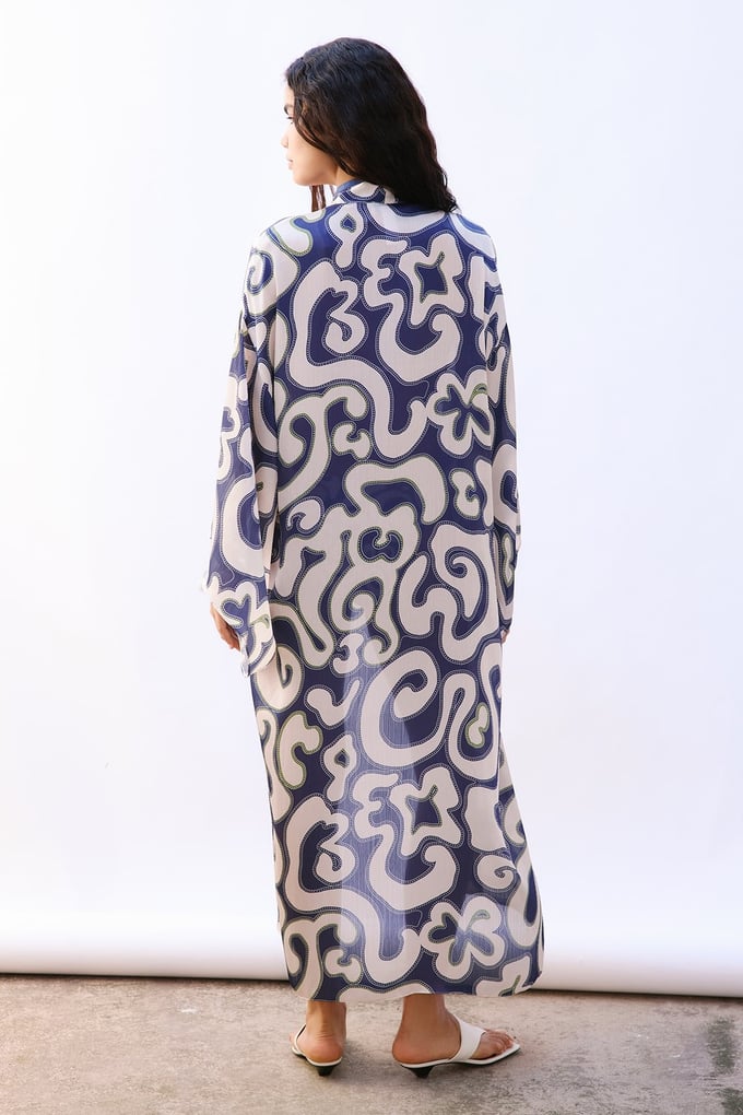 Patterned Wide Sleeved Midi Navy Blue Kimono