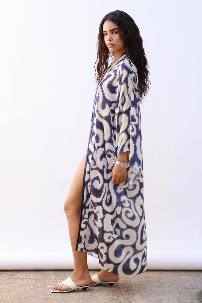 Patterned Wide Sleeved Midi Navy Blue Kimono