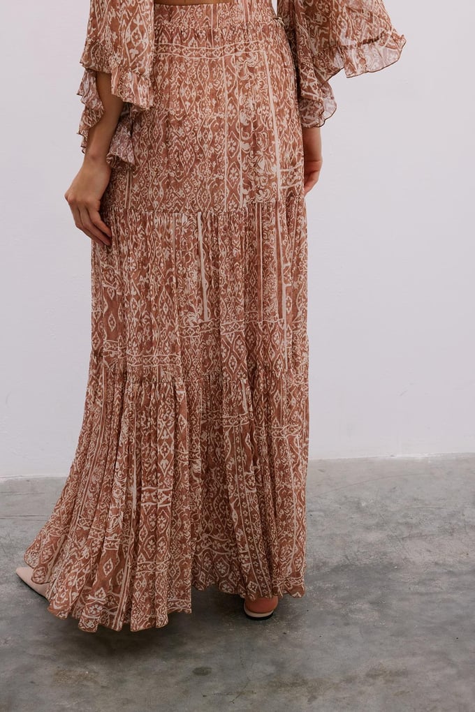 Patterned Belted Long Camel Skirt