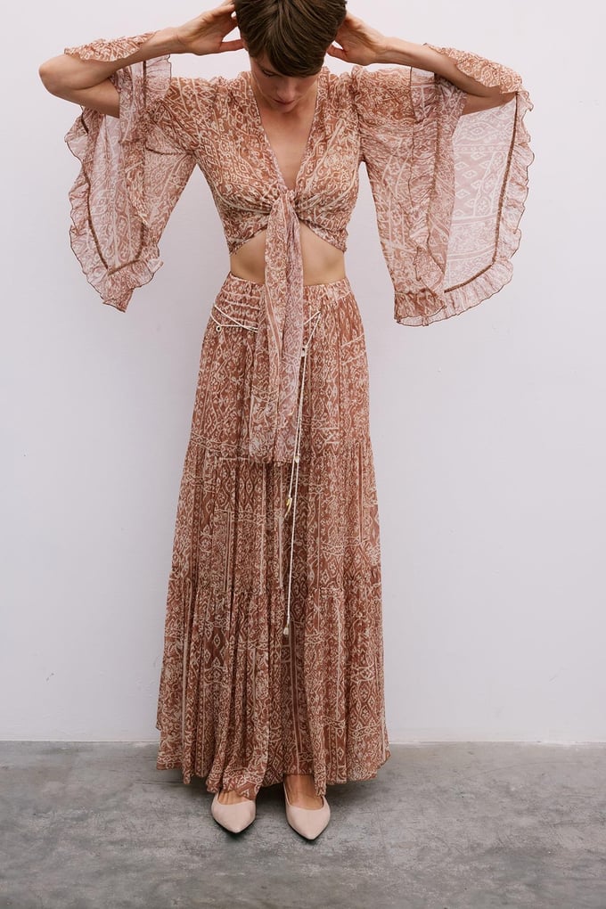 Patterned Belted Long Camel Skirt
