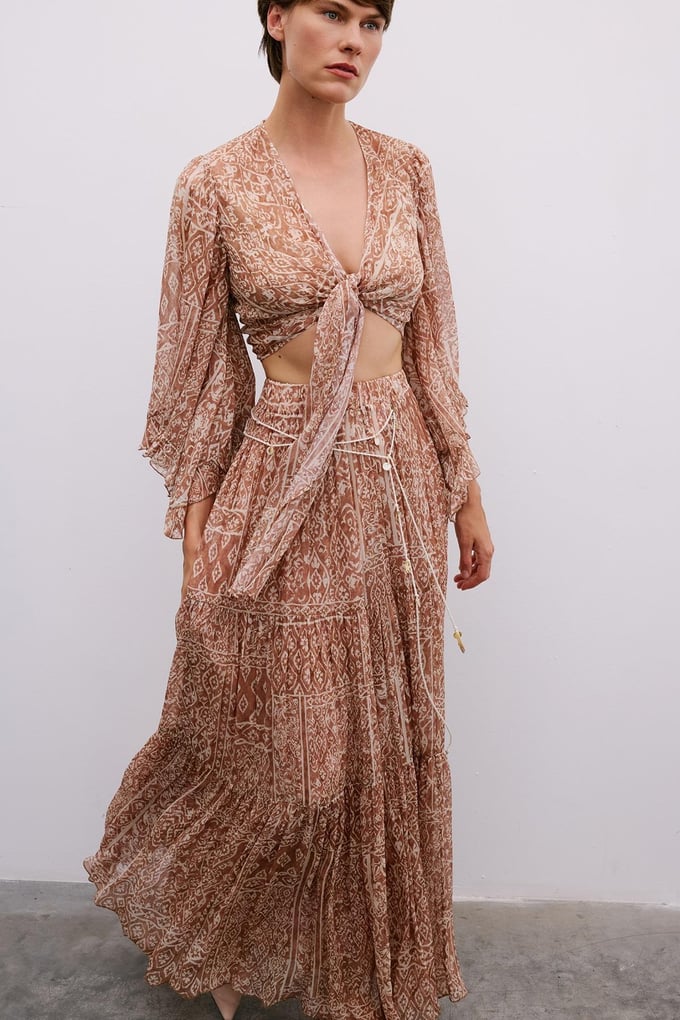 Patterned Belted Long Camel Skirt