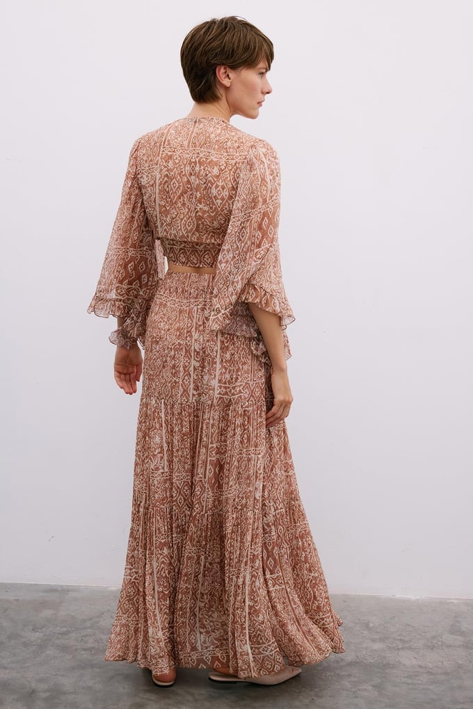 Patterned Belted Long Camel Skirt