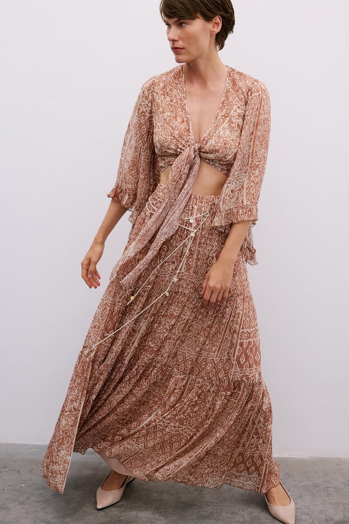 Patterned Belted Long Camel Skirt