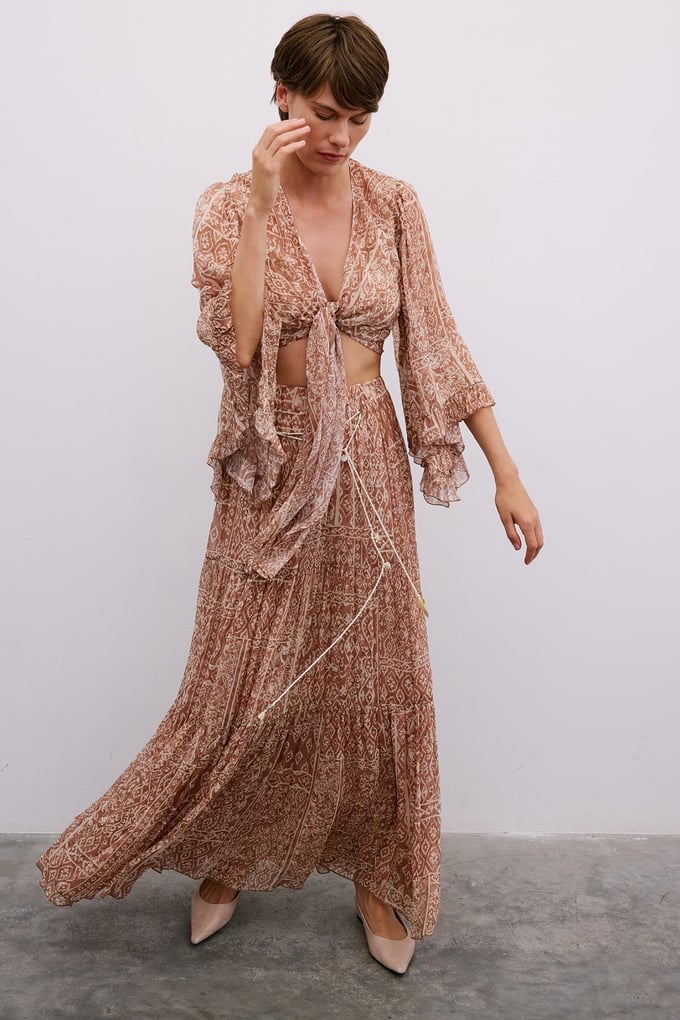Patterned Belted Long Camel Skirt