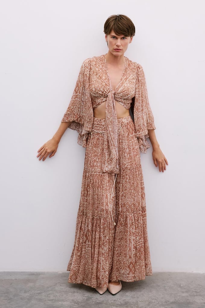 Patterned Belted Long Camel Skirt