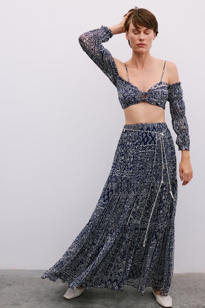 Patterned Belted Long Navy Skirt