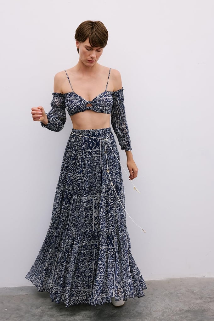 Patterned Belted Long Navy Skirt