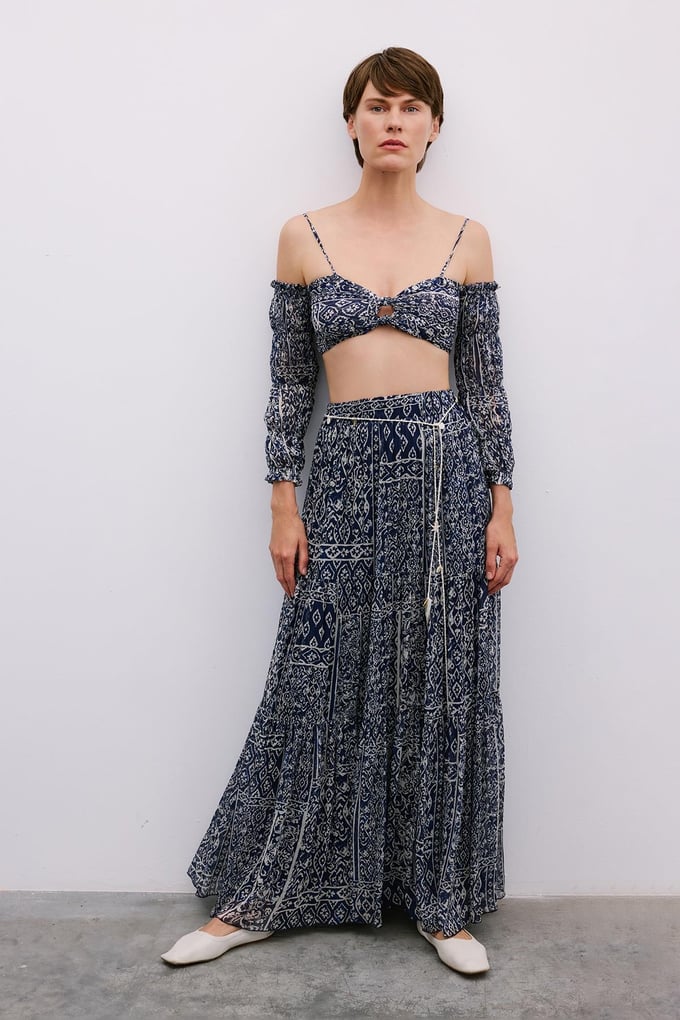 Patterned Belted Long Navy Skirt