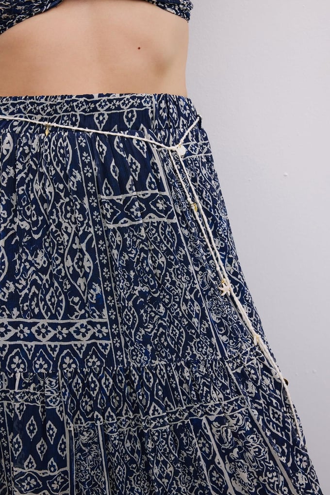 Patterned Belted Long Navy Skirt