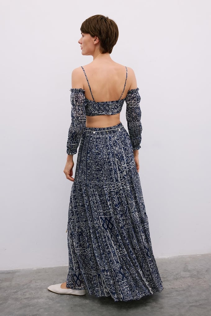 Patterned Belted Long Navy Skirt