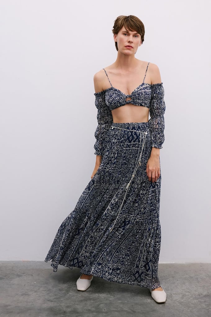 Patterned Belted Long Navy Skirt