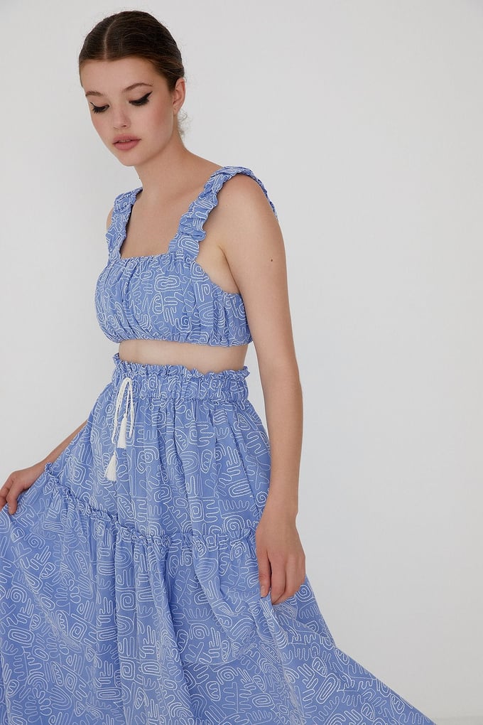 Desenli Mavi Crop Üst