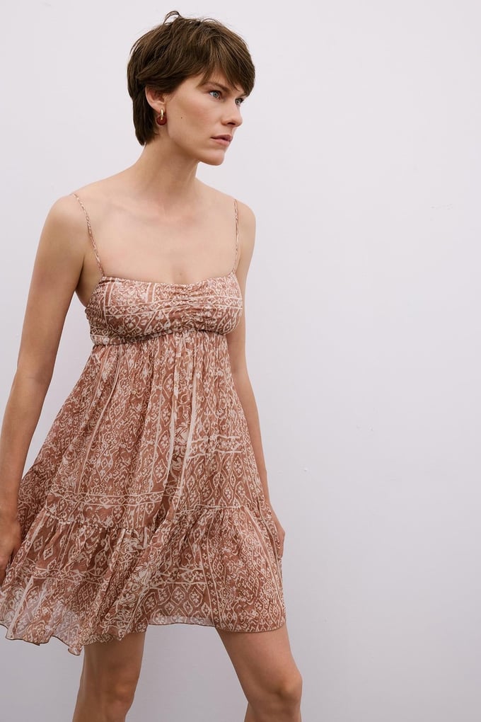 Patterned Backless Mini Camel Dress