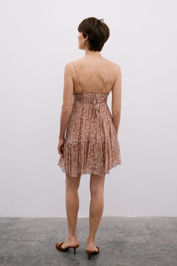 Patterned Backless Mini Camel Dress